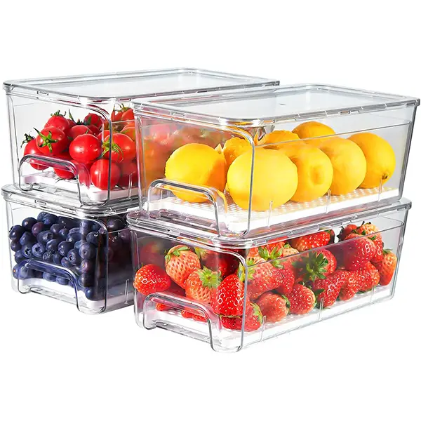 4-Pack Refrigerator Drawer Organizer Bins, Clear Stackable Pull Out Fridge Organizers and Storage Container, with Strainer Layer for Fruits, Vegetables, Drinks, Snack and Food