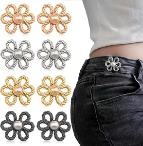 Flower Jeans Button Pant Waist Tightener 8 Sets Adjustable Buckle No Sew Tools Detachable Decorative Pins for Loose Pants Skirts Sleeves