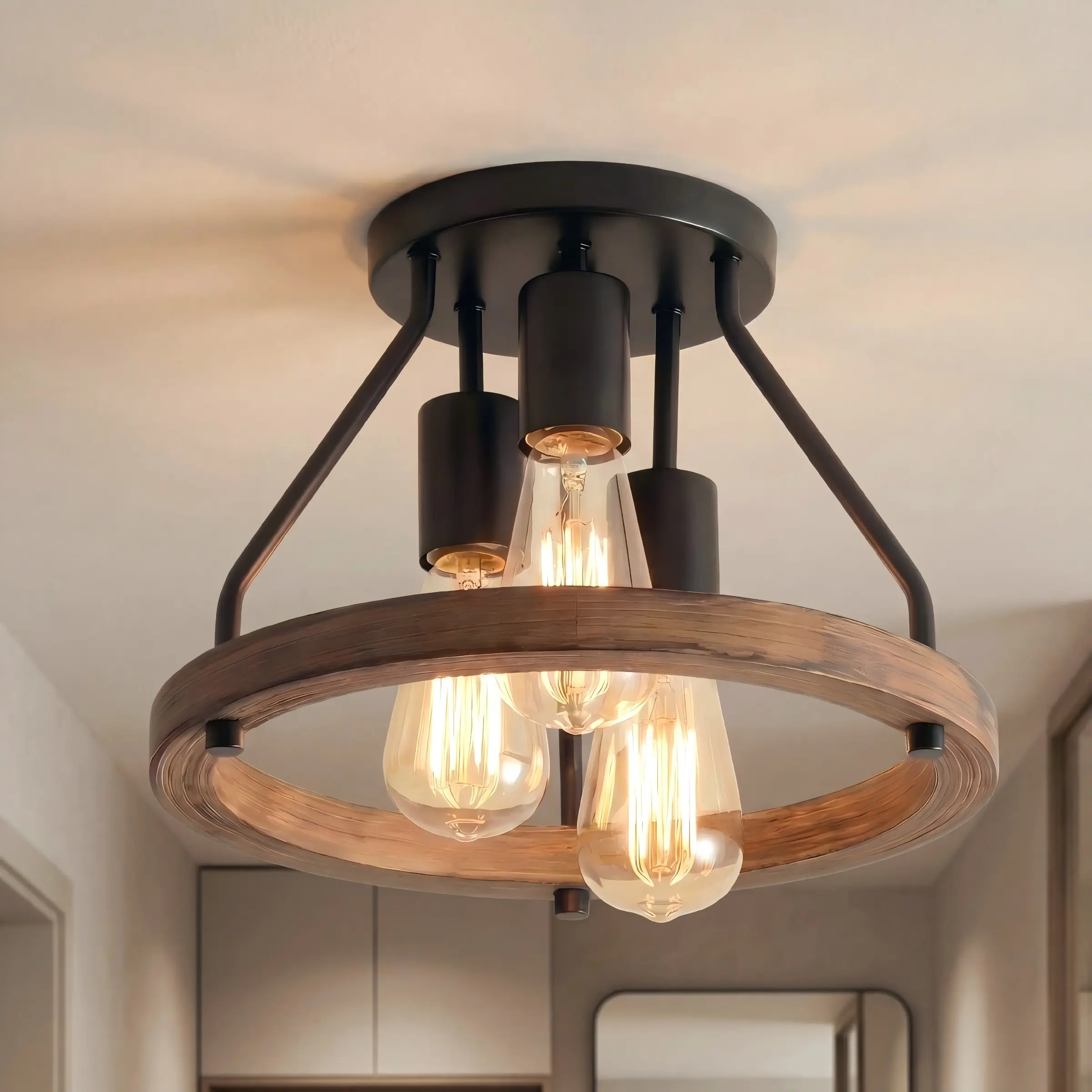 1 Count Farmhouse Semi-Flush Mount Ceiling Light, 3-Light Rustic Wood & Black Metal Industrial Ceiling Light Fixture for Hallway, Bedroom, Dining Room & Entryway, E26/E27 Base, Brightness Dimmable, Bulbs Not Included, Atmosphere Lighting