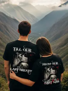 Skull And Rose Couple T-Shirt, From Our First Kiss Till Our Last Breath Couple Matching Outfits T-Shirt Pullover for Women for Men Unisex, Perfect Gift Anniversary Clothes