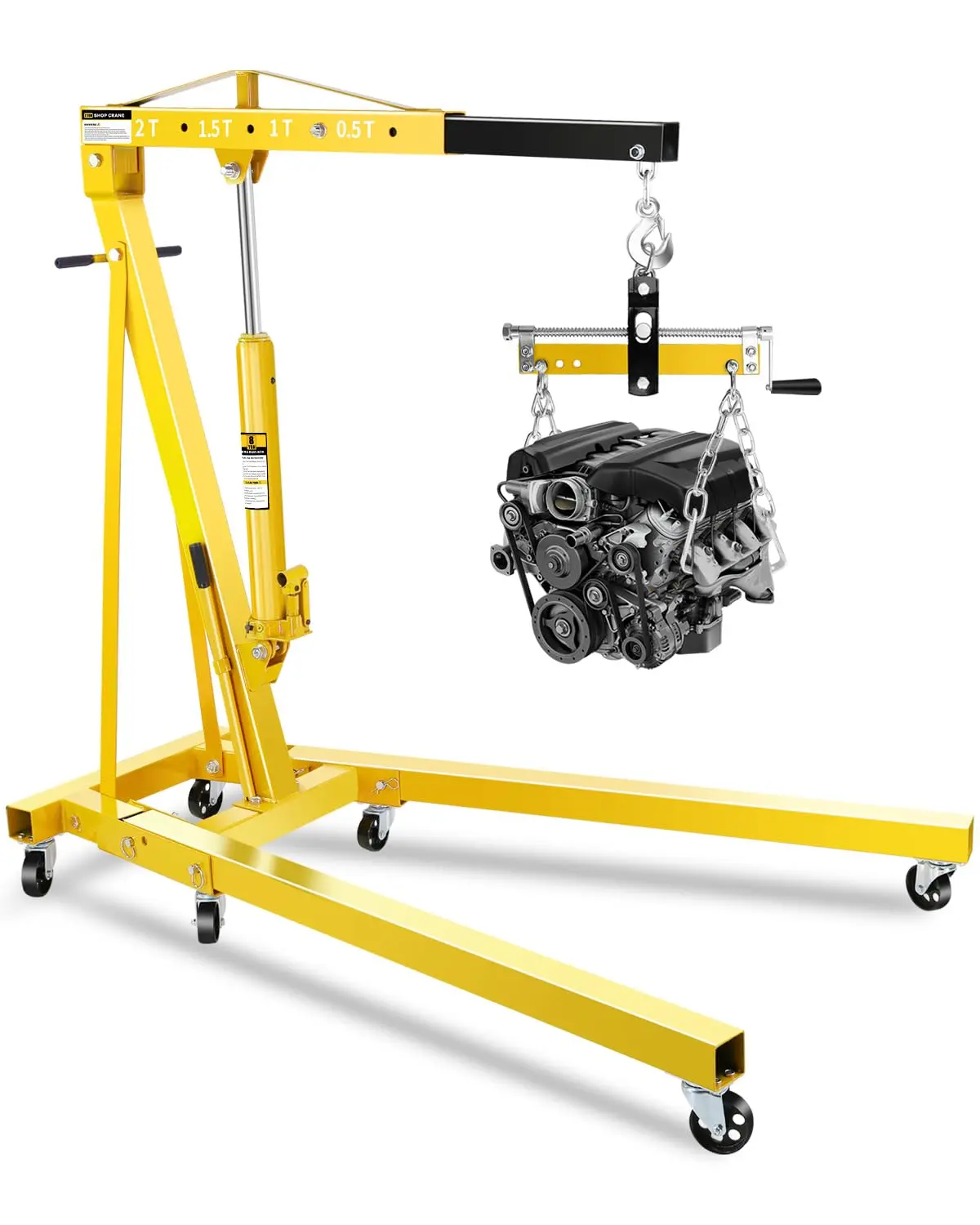 Garvee 2 Ton Hydraulic Engine Hoist Crane with Lever, Folding Heavy-Duty Cherry Picker, 6 Locking Wheels & 4 Boom Positions for Truck/SUV Engines, Garage Workshop, Industrial Lifting, Net Weight 168 lbs