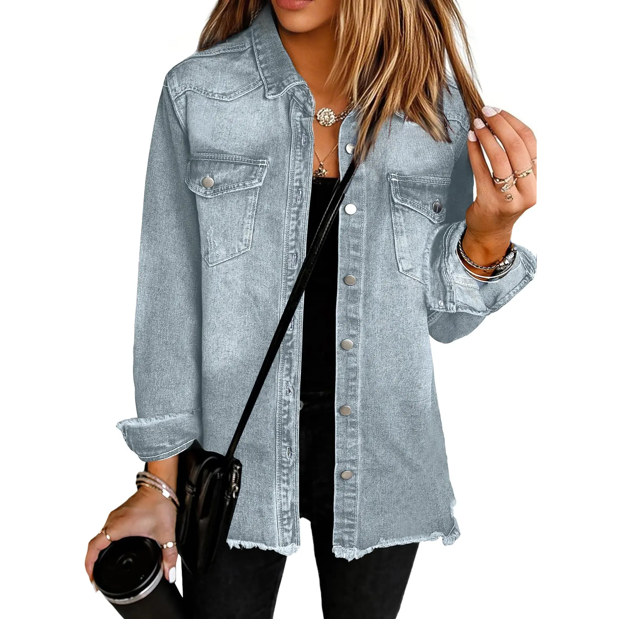 Genleck Denim Jacket Women's Oversized Denim Shacket – Frayed Hem, Lightweight Premium Cotton Blend, Layering Piece