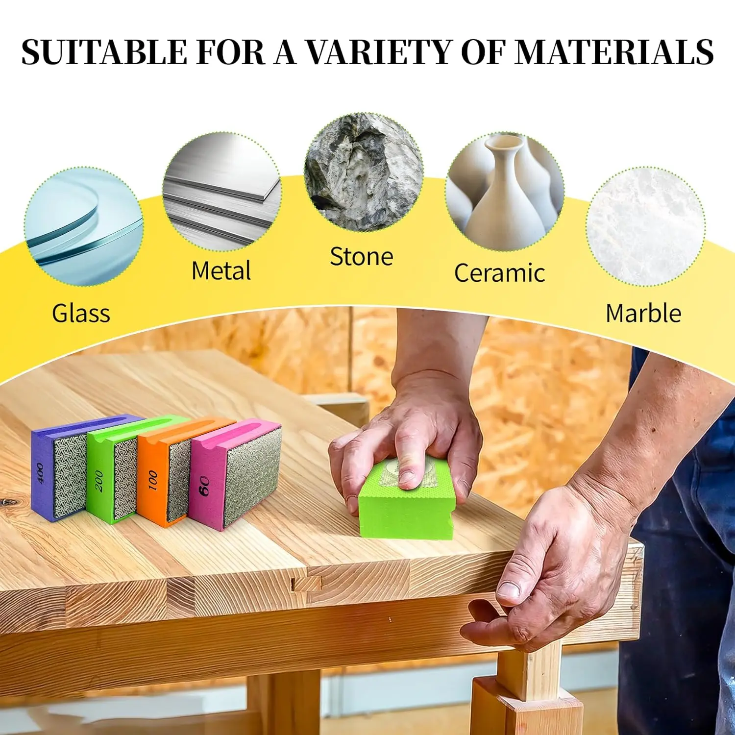 Must Buy Diamond Hand Polishing Pads,Diamond Sanding Pads with Foam Backing 60 Grit,Sanding Block for Glass Wood Ceramic Marble Metal Tile Tools.