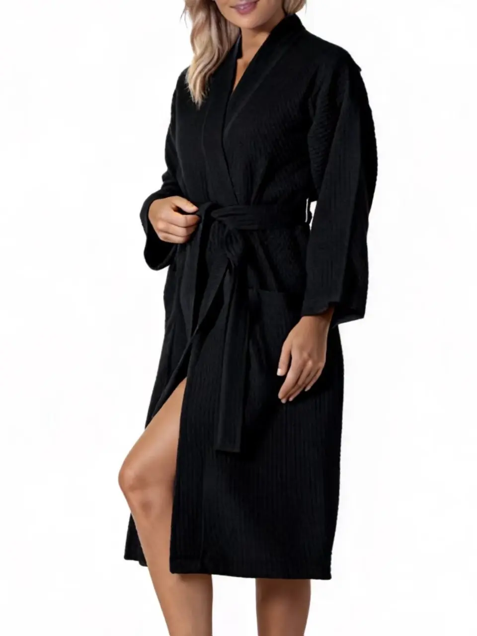 Women Robe – Lightweight V-Neck Kimono Bathrobe, Waffle Knit Long Sleeve Wrap with Belt Tie & Pockets, Soft Comfortable Home Wear, Breathable Loungewear, Cozy Home Loungewear, Stylish Loungewear, Casual Home Clothes, Nightgown Gift