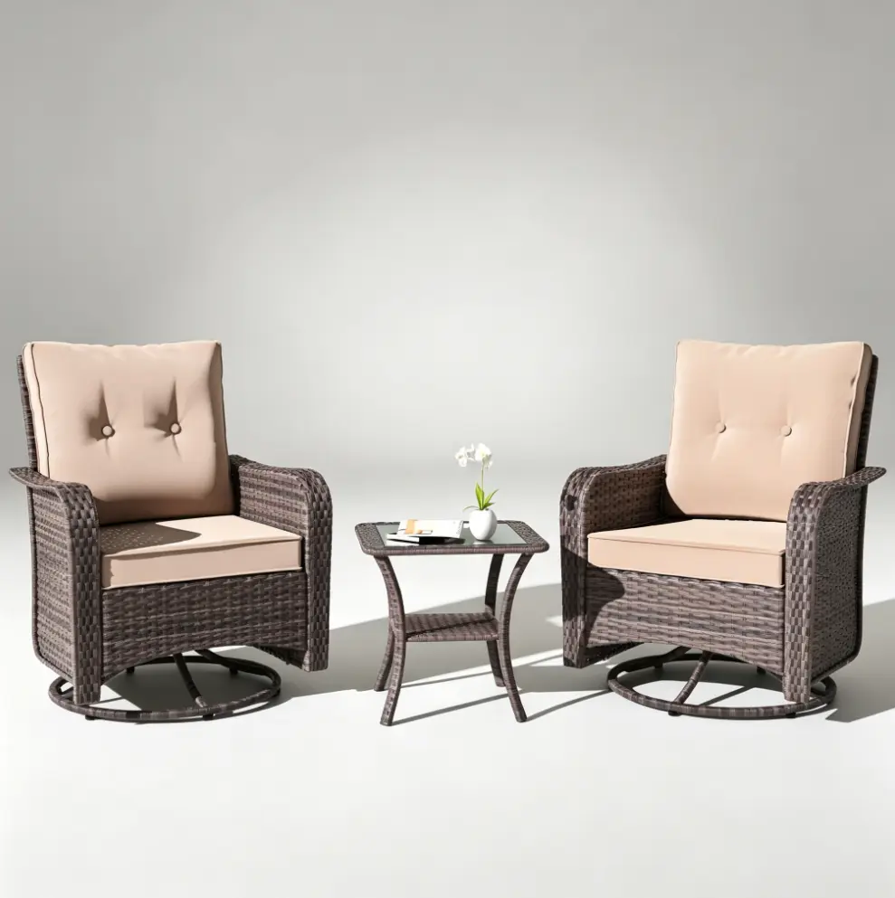 Kullavik 3-Piece Patio Sofa Set, Outdoor Furniture with 4-in Thick Cushions, 360-Degree Swivel Rocking Chairs and Rattan Side Table for Garden, Porch