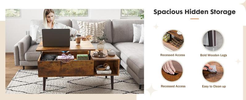 Coffee Table, Lift Top Coffee Tables for Living Room, Rising Tabletop Wood Dining Center Tables with Storage Shelf and Hidden Compartment
