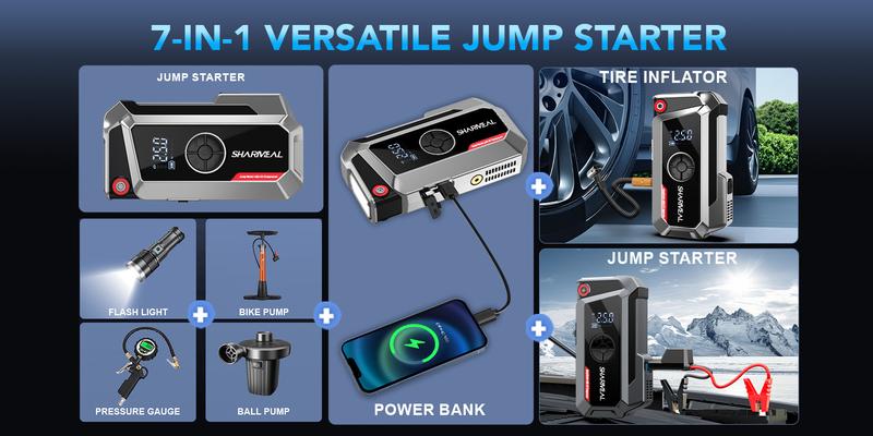 6000A Portable Car Jump Starter with Air Compressor 12V Battery Jump Starter Power Pack Tire Inflator with Extended Smart Jumper Cables for All Gas & up to 10.0L Diesel Engines