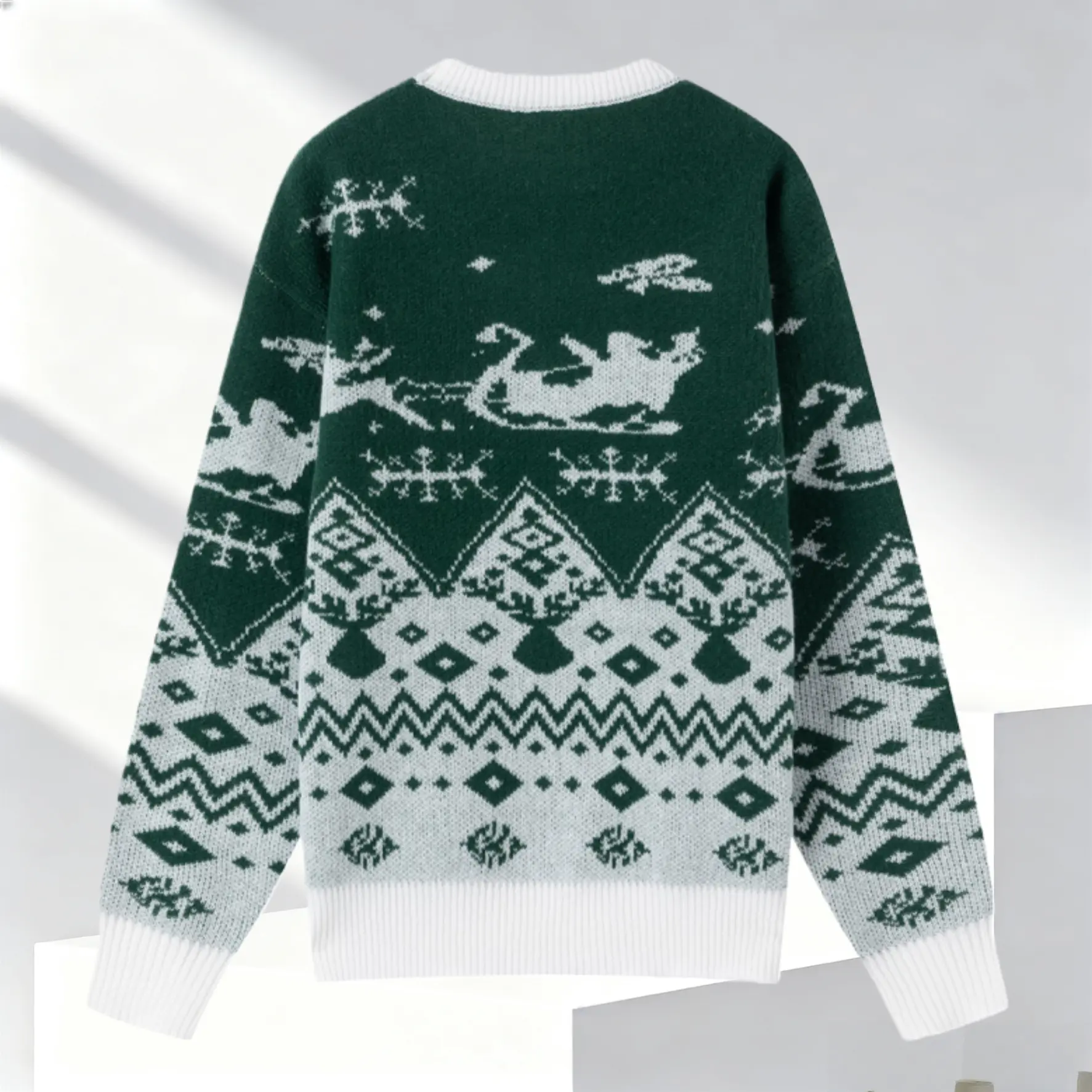 Men's Fitted Polyester Knit Pullover - Longsleeves, Crew Neck, Vintage Christmas Sleigh Pattern, Colorblock Cartoon Design, Festive Retro Style Casual Holiday Menswear Top