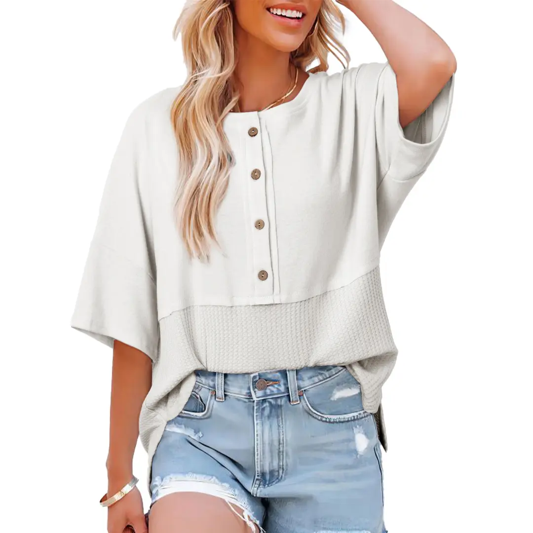 Dokotoo Womens Waffle Knit Tops 2026 Fashion 3/4 Sleeve Casual Button Down Shirts Crew Neck Oversized Patchwork Blouses
