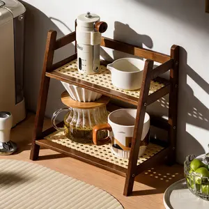 Natural Bamboo 2-Tier Coffee Station Organizer - Countertop Cup Holder & Condiment Storage Rack for Kitchen, Tea Bar
