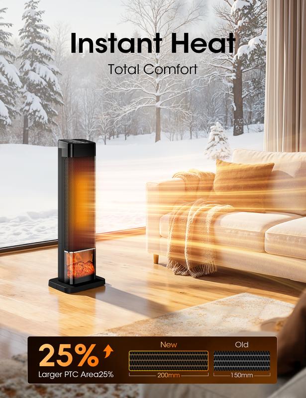 TEHANLD Space Heaters for Indoor, 25”Large PTC Ceramic Heater with Flame, 1500W Electric with Thermostat, 70°Oscillating Portable Tower Heater with Remote for Room, Bedroom, Home, Office, Black TEHANLD Space Heaters for Indoor, 25”Large PTC Ceramic Heater with Flame, 1500W Electric with Thermostat, 70°Oscillating Portable Tower Heater with Remote for Room, Bedroom, Home, Office, Black