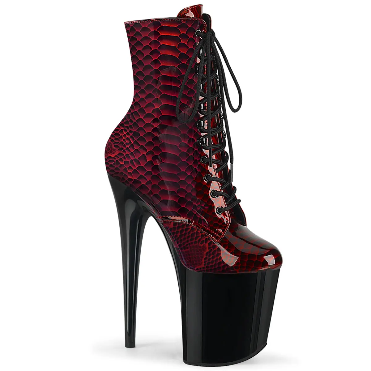 Pleaser Flamingo-1020SP Women's Red Snake Print Ankle Boots, 8" Stiletto Heel, 4" Platform Shoe, Lace-Up Footwear with Inside Zip, Fashion, Red/Black, Animal Print, Bold Look, All Seasons, Statement Shoes, Ankle Height, Evening