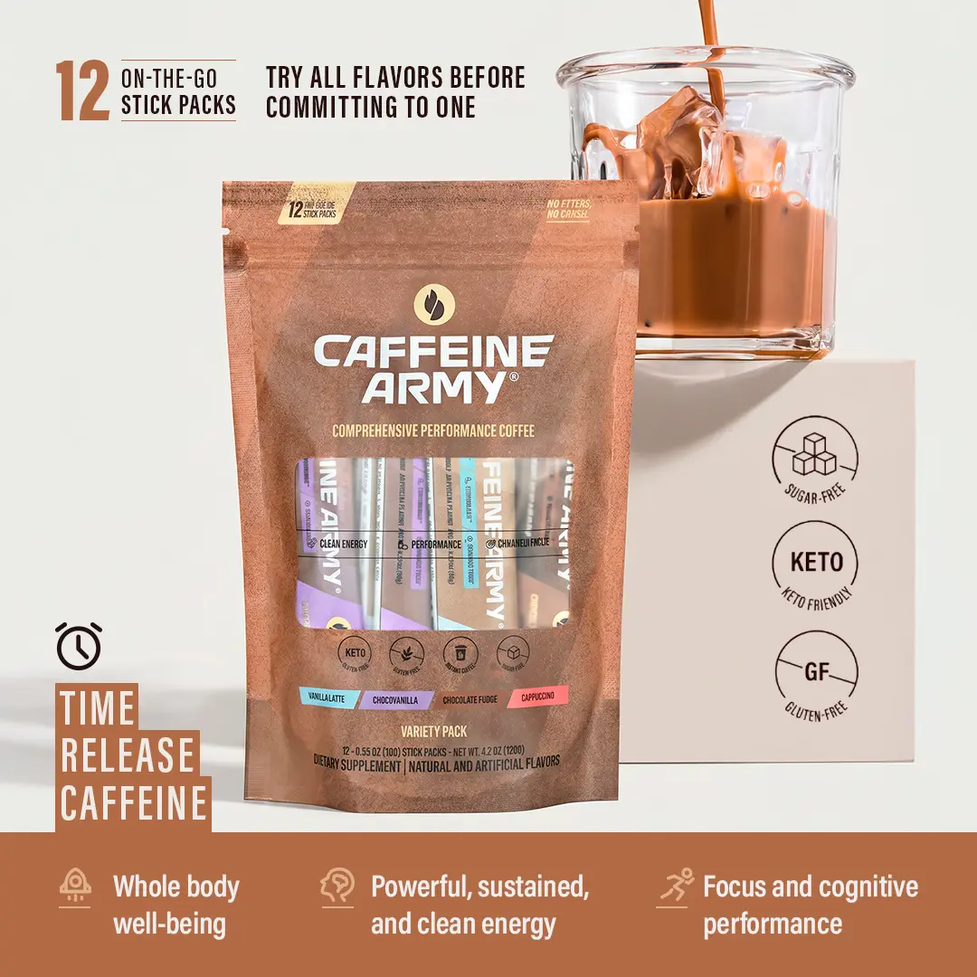 Functional Coffee Variety Pack, Time-Release Caffeine, 12 Sachets, 4 Flavors, Caffeine Army, MCTs, Collagen, B-Vitamins | Sugar-Free, Gluten-Free, Keto-Friendly, Beverage