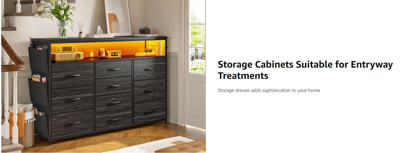 Raybee 10 Drawer Dresser for Bedroom with Wood Open Shelves, 55" TV Stand Dresser for Bedroom with Power Outlets and LED Lights, Fabric Dressers & Chest of Drawers with Side Pocket, Ideal for Living Room, Closet