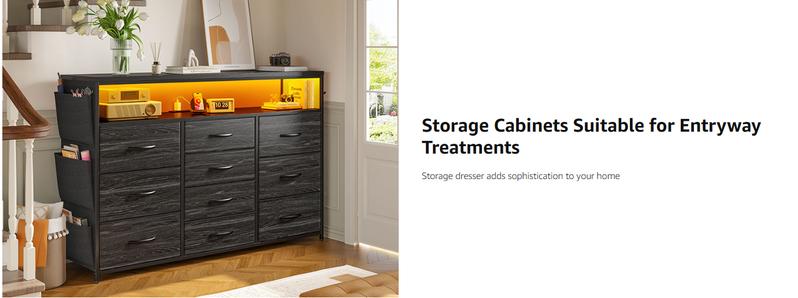 Raybee 10 Drawer Dresser for Bedroom with Wood Open Shelves, 55" TV Stand for Bedroom with Power Outlets and LED Lights, Fabric Dressers & Chest of Drawers with Side Pocket, Living Room, Closet