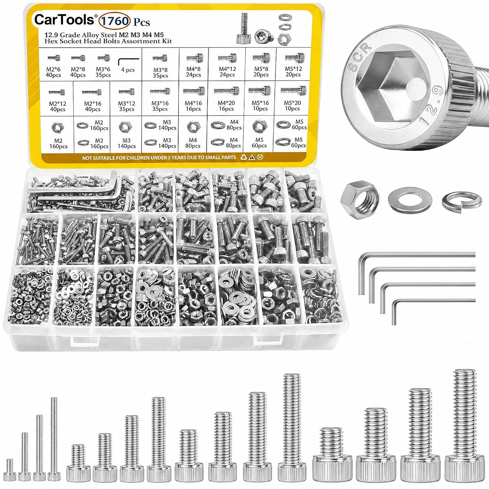 1760PCS Metric Large Screw Assortment Set - M2-M3-M4-M5 Hex Socket Head Cap Bolts, Nuts & Washers, Grade 12.9 Black Zinc Plated Alloy Steel, Universal Fit for 3D Printing, DIY Repair, Automotive Fasteners