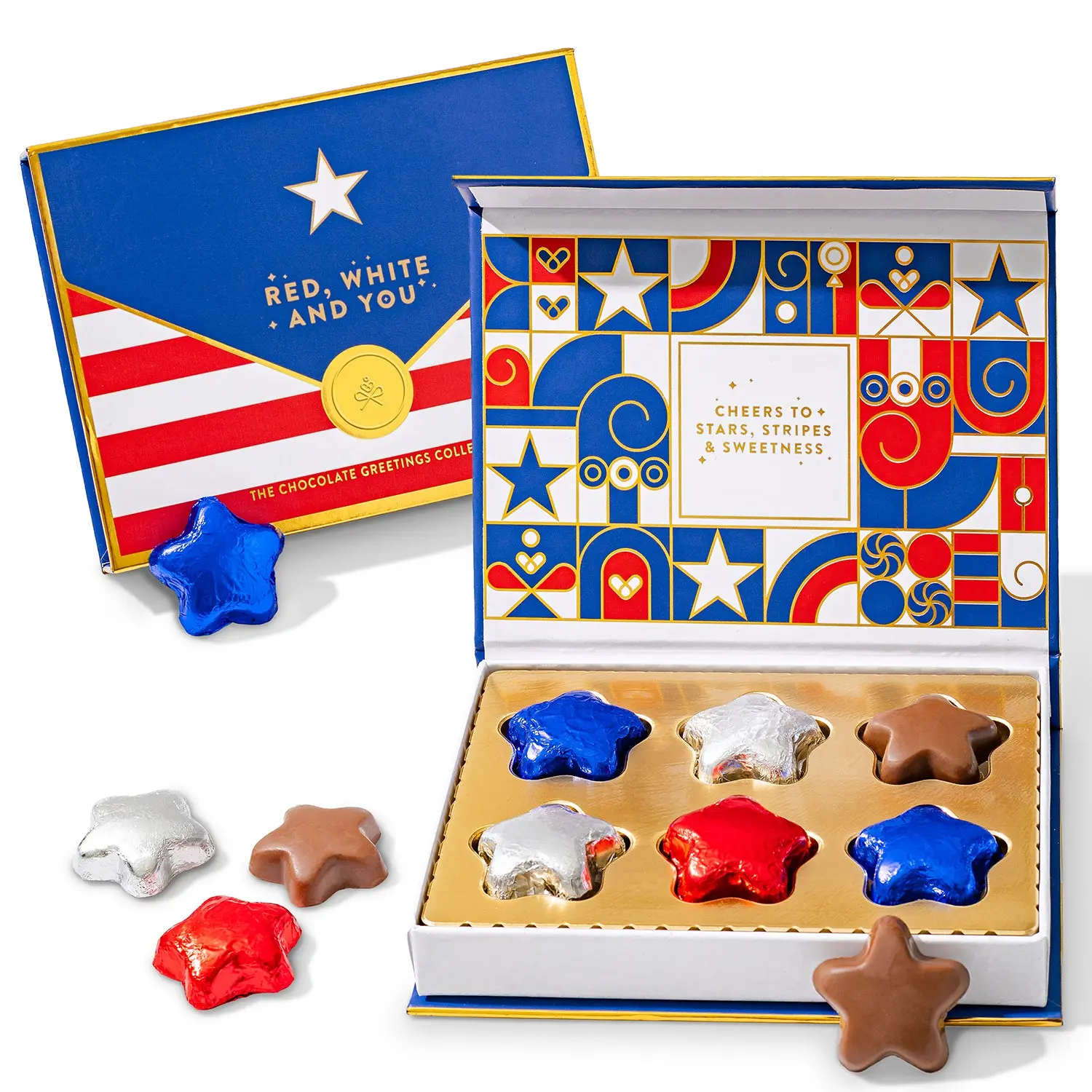 Patriotic Star-Shaped Chocolate Flavored Milk Chocolate Snack Gift Box - 6 Pieces, Edible Greeting Card, Ideal for 4th of July, Memorial Day Barbecues, Friends & Family, Novelty Candy, Star Shapes