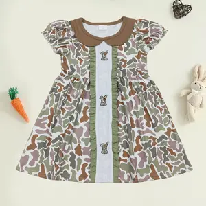Wholesale Kids Clothing Baby Girls Embroidery Rabbits Camo Bows Easter Collar Knee Length Dresses holiday outfits