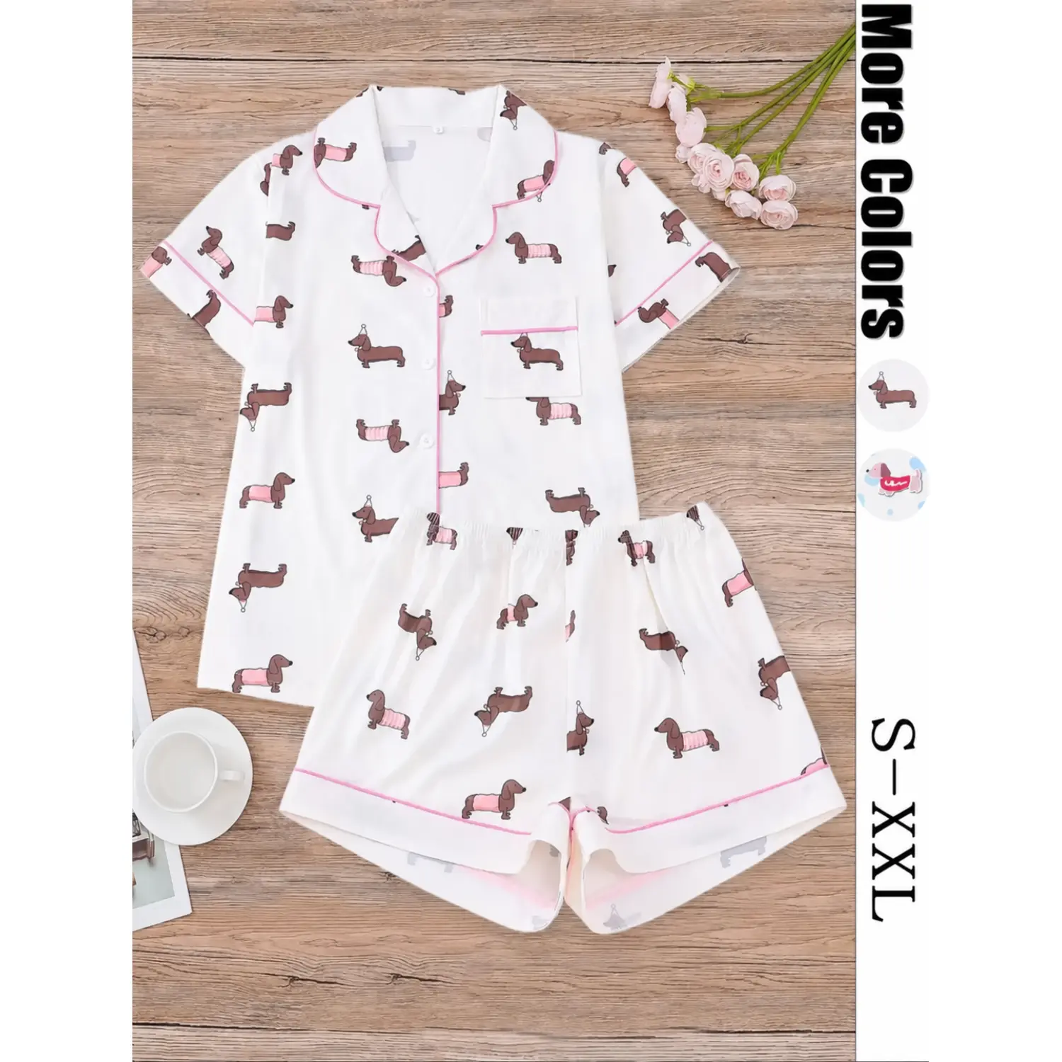 Women's Dachshund Print Pajama Set with Collared Shirt & Elastic Waist Shorts, Comfortable Short Sleeve Loungewear for Any Season