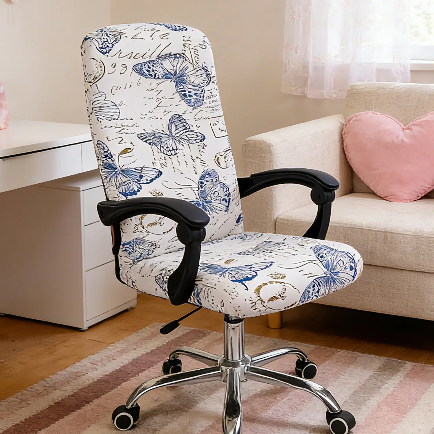 Stretch Office Chair Cover with Zipper, Printed Elastic Slipcover for Universal Armchairs, Removable & Washable