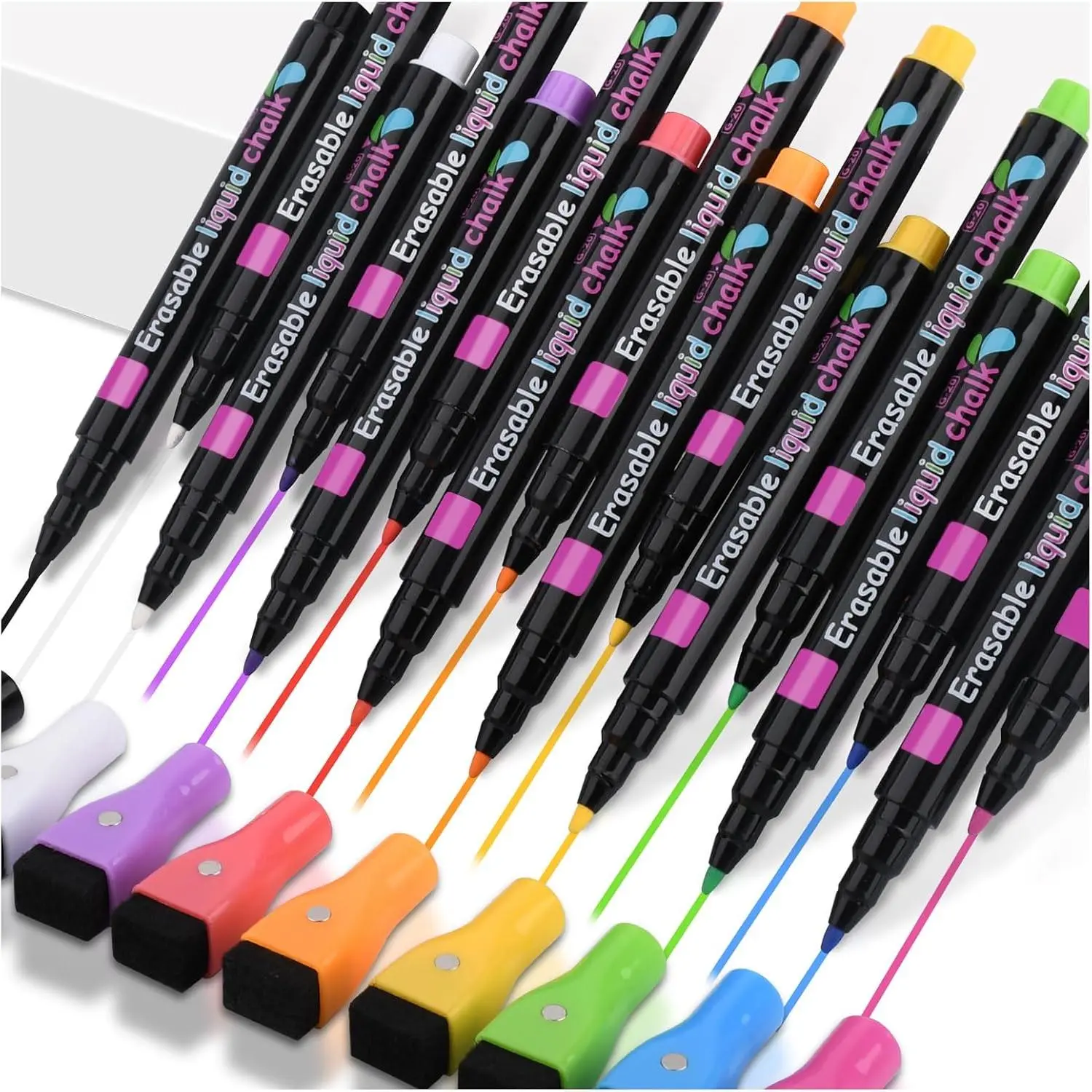 16 Pack  Wet Erase Markers, Liquid Chalk Markers Ultra Fine Tip for  Calendar, Whiteboard Marker with Erasers Cap for Planning Board, Clear Glass, Low Odor Fine Tip Wet Wipe Pens