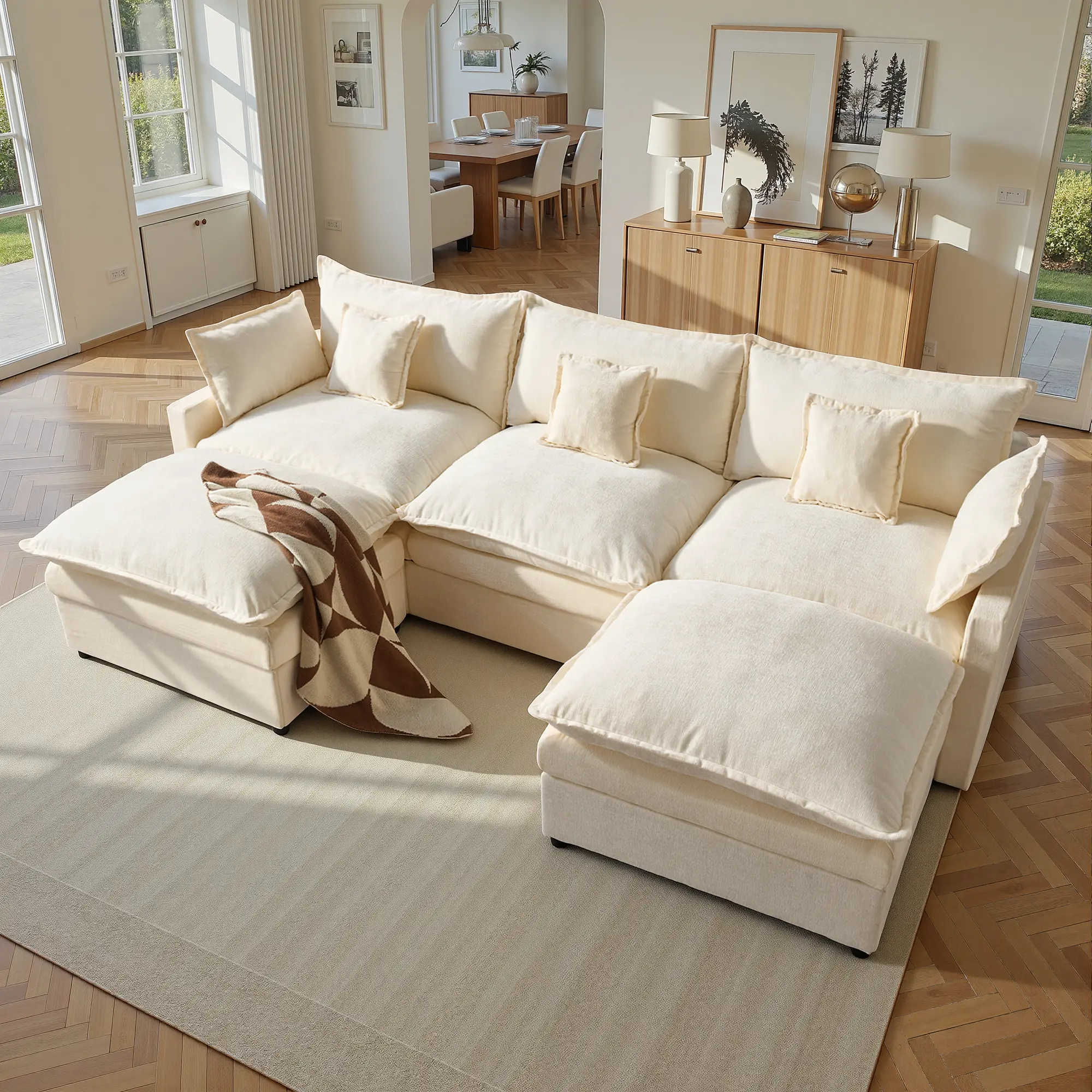 【2/3 Packages Shipping】Ovios 108" U-Shaped Modular Sectional Sofa - Comfy Cloud 3-Seater with 2 Movable Ottoman, Cloud Sofa Couch, Deep Seat Linen Couch for Living Room, Comfort & Stylish Design, Chenille Beige