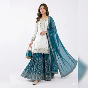 Indian Gharara suit for ladies party wear in different racikors and white top