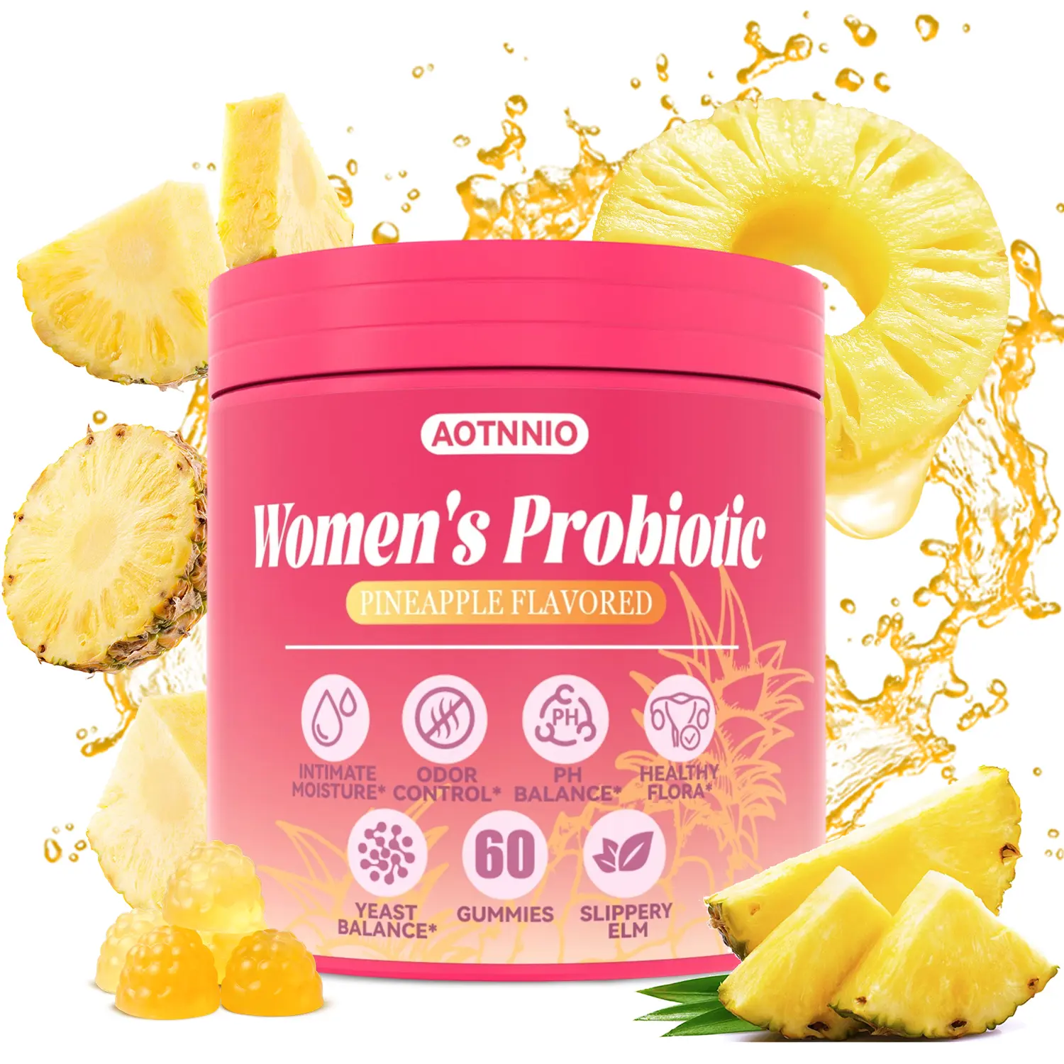 Feminine Probiotics Gummies for Women | Slippery Elm, Prebiotics & Lactobacillus Blend | Supports pH Balance, Dryness Relief & Daily Freshness | Pineapple Flavor | 60 Count