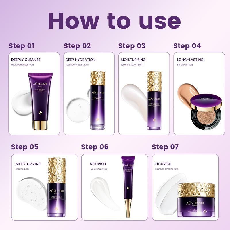 A seven-piece facial care set, including cleanser, toner, moisturizing lotion, serum, eye cream, face cream, and foundation, offers hydrating, moisturizing, and firming benefits.  Perfect as a Valentine's Day gift, Mother's Day gift, or everyday gift.