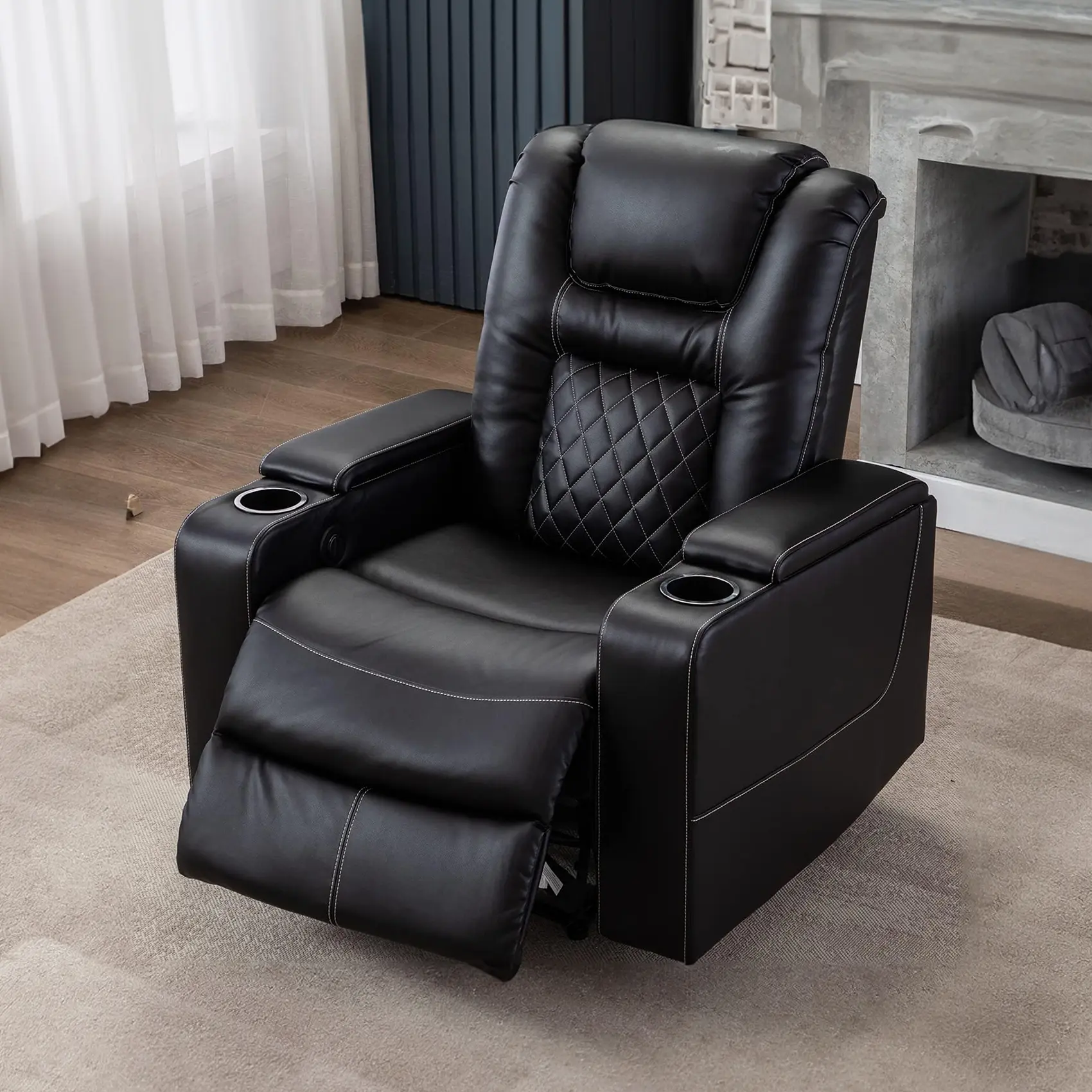 【summergarden】Ebello Power Electric Recliner Chair with USB Ports and Cup Holders Leather Home Theater Seating, Living Room Chair Black Lounge Chaise High Back Reclining
