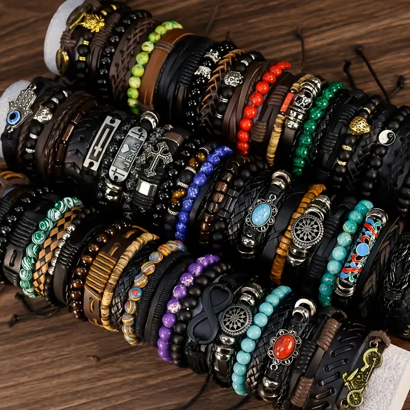 30 Pcs Retro Mixed Bracelet Set with PU Leather & Wooden Beads, Elastic Stretch Bracelets for Women & Men, Party & Daily Wear, Mix Bracelet