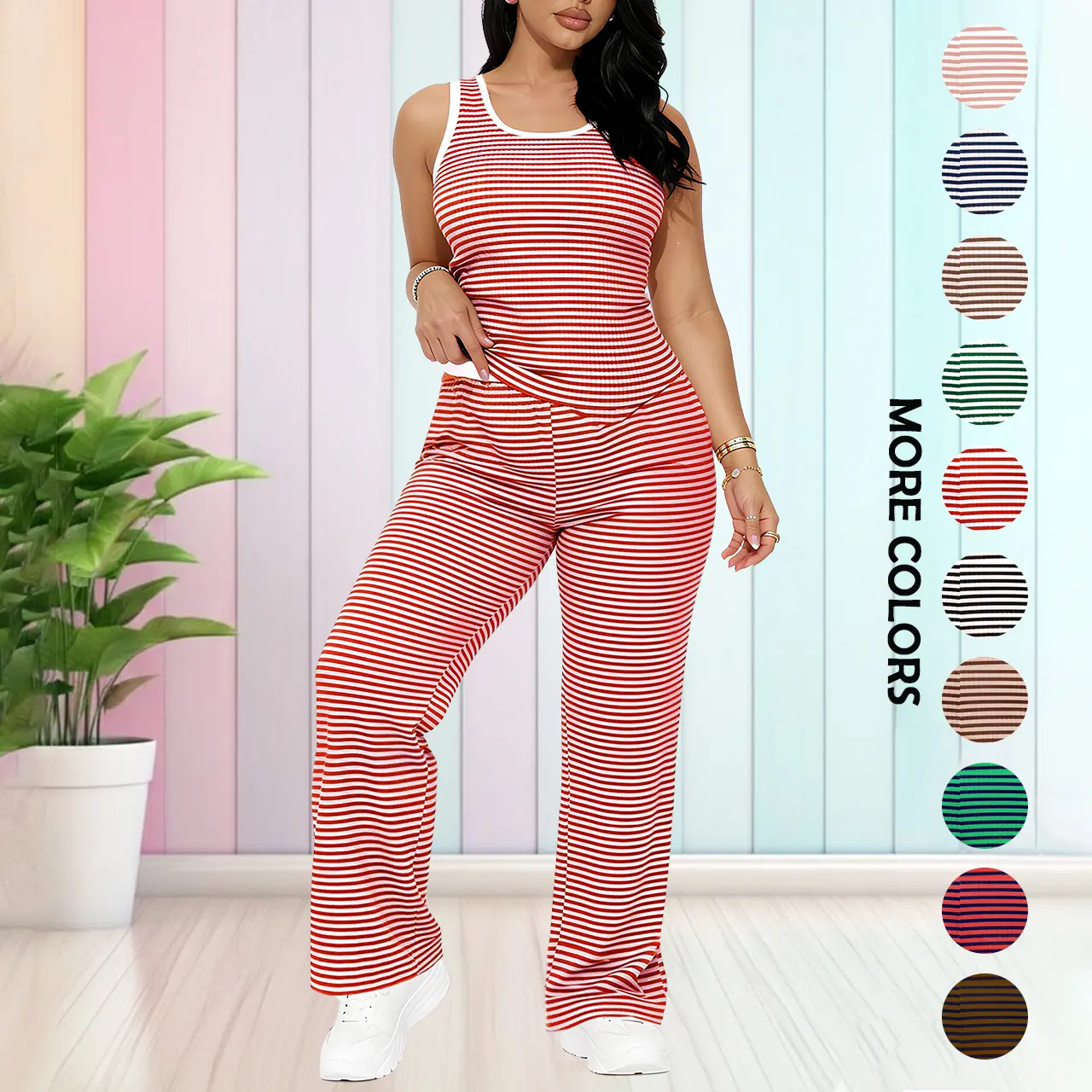 Women's Soft Striped Rib 2-Piece Loungewear Set - Sleeveless Tank Top & Wide Leg Pants, Chic Cozy Ootd for Home Lounging, Everyday Wear, Casual Errands, Stretch Comfy Outfit