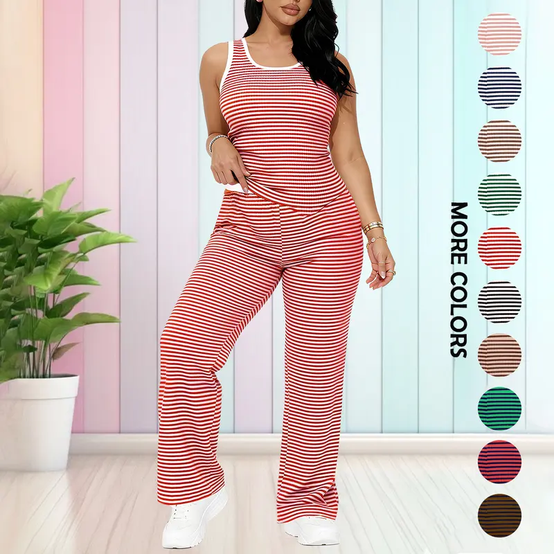 Women's Soft Striped Rib 2-Piece Loungewear Set - Sleeveless Tank Top & Wide Leg Pants, Chic Cozy Ootd for Home Lounging, Everyday Wear, Casual Errands, Stretch Comfy Outfit