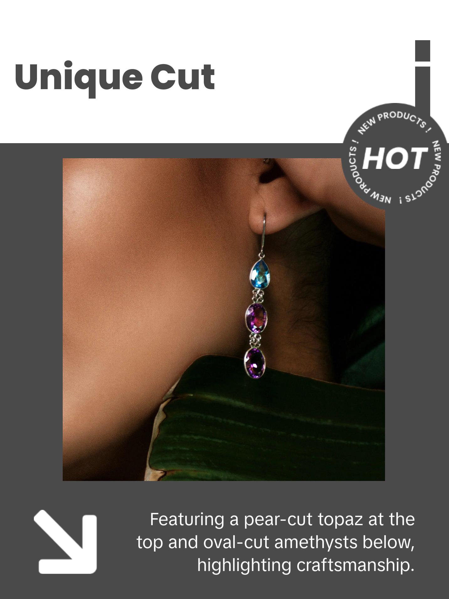 6ctw Blue Topaz Amethyst Gemstone Drop Earrings