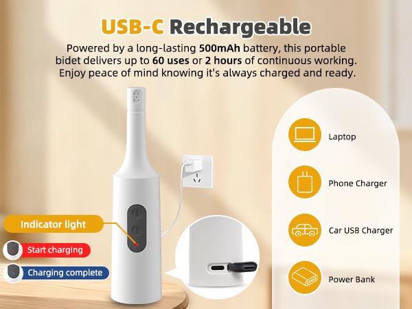 Hibbent Portable Bidet for Travel, High Pressure Electric Handheld Bidet Sprayer, 350-550ML Expandable Bottle for Personal Hygiene, USB-C Rechargeable Waterproof, Travel Bidet for Women & Men, White