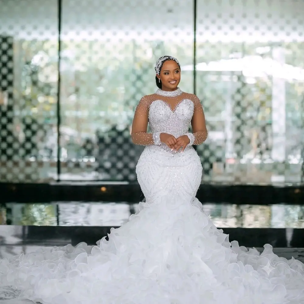 Women's Elegant Luxury Pearl & Crystal Beaded Mermaid Wedding Dress, Fitted Waist, Floor-Length with Tiered Ruffles & Dramatic Train