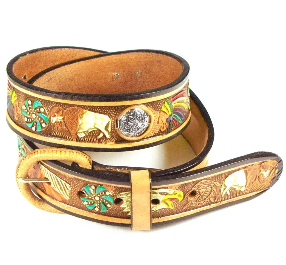 Tooled Leather Belt with Aztec Motif, Fashion Clothes Accessory, Belts