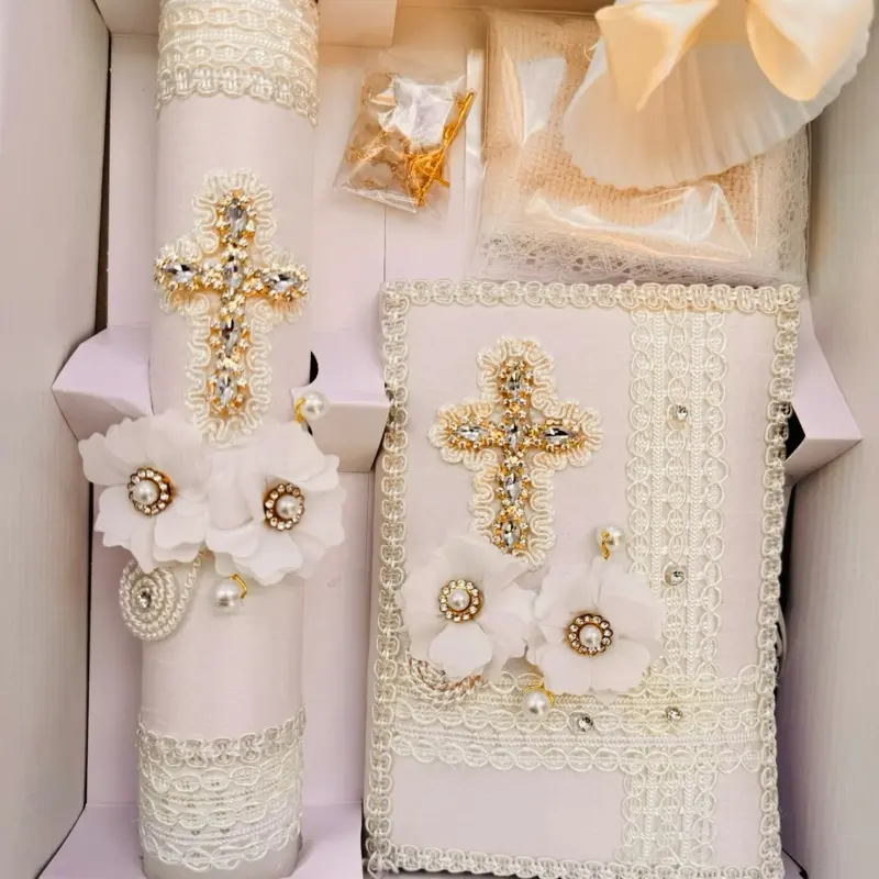 5pcs Standard Elegant Unisex Ivory Baptism Christening Candle Set - Dual-Language English-Spanish Traditional Ceremony Decor, Home Supplies, Cake Accents Decoration, All Seasons Use, Five Pieces