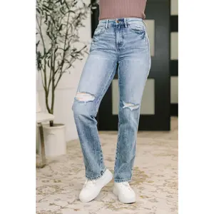 Judy Blue High Waist Rigid Magic Distressed Slim Straight Leg Jeans 881085, Cotton Front, Stretchy Denim Back, Womenswear Bottom, Chic Trendy Style