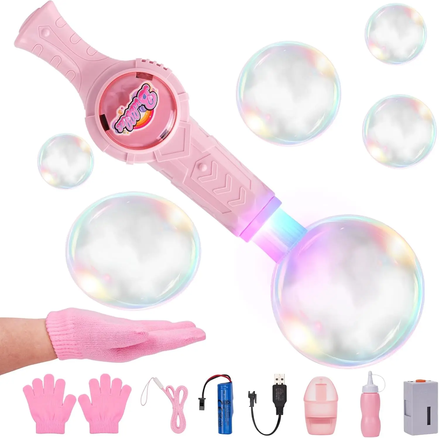 Smoke Bubble Machine, Elastic Bubble Fog Wand, Rechargeable Fog Bubble Machine with Lights & Sound, for Parties Outdoor Interactive Fun (Pink)