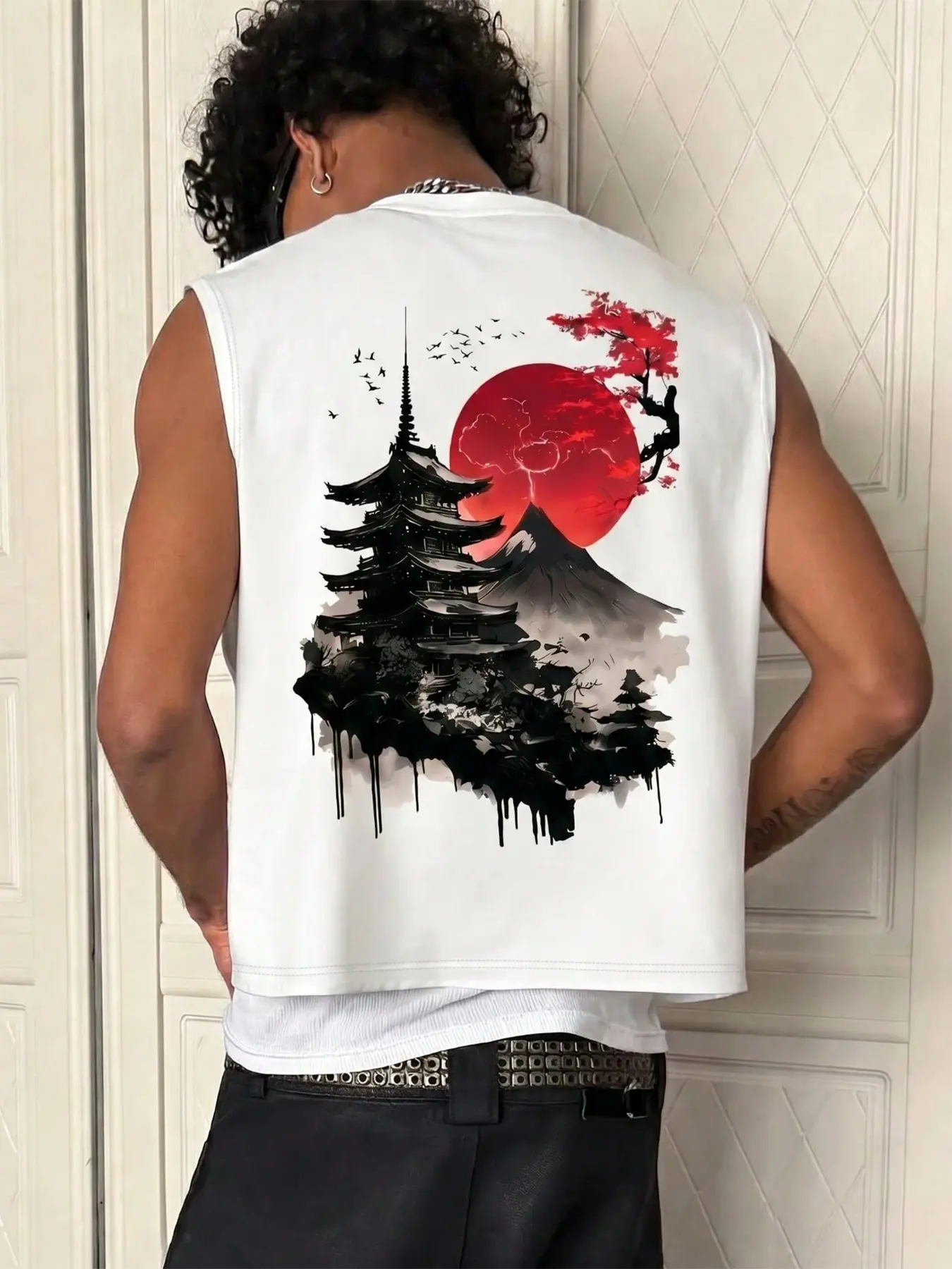 Men's Japanese Style Sleeveless Tank Top, Fuji Temple Red Sun Ink Painting Pattern, Casual Wear For Street Style, Outdoor Activities And Casual Parties