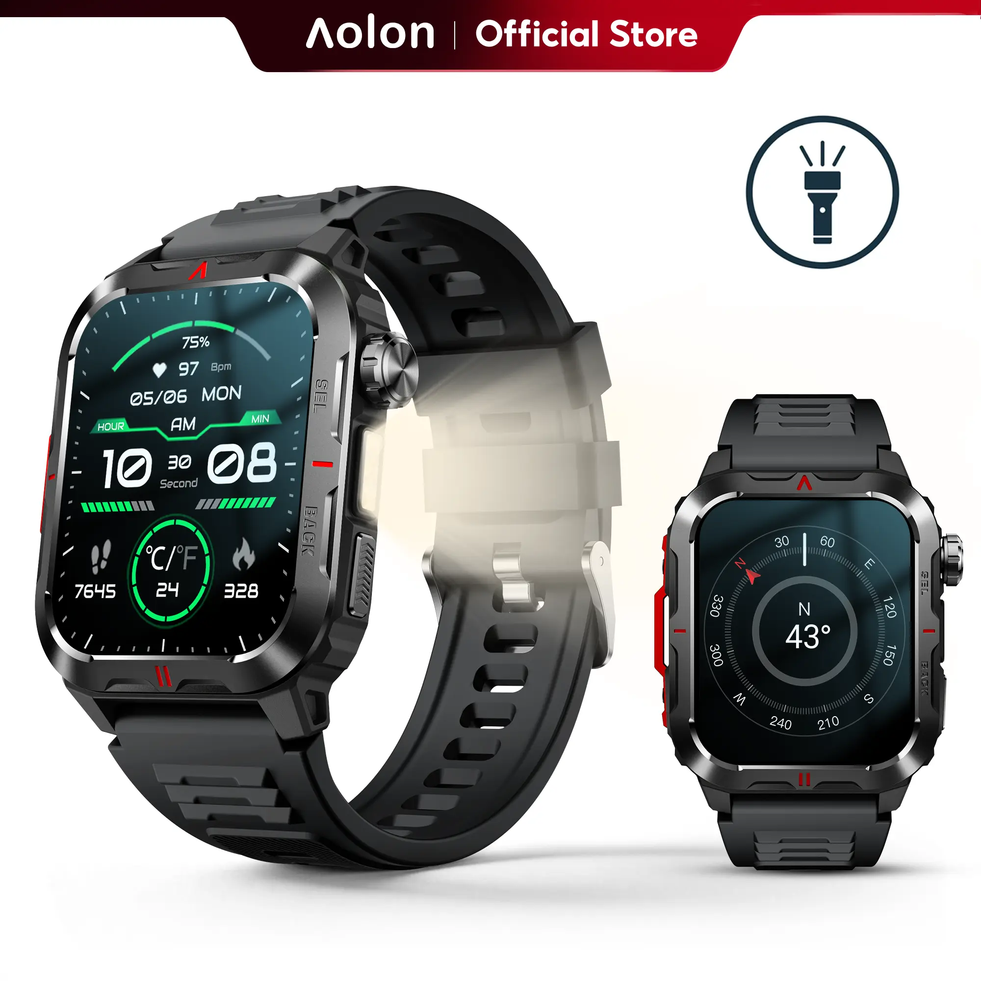Aolon Tetra S5 Military-Grade Rugged Smartwatch, 1.93'' Screen, Compass, Flashlight, Custom Buttons, Digital Crown, IP68 & 1ATM Waterproof, Outdoor Fitness Modes, iOS & Android Compatible#back to school#travel essentials tiktokshopbacktoschool, Clock, Dev