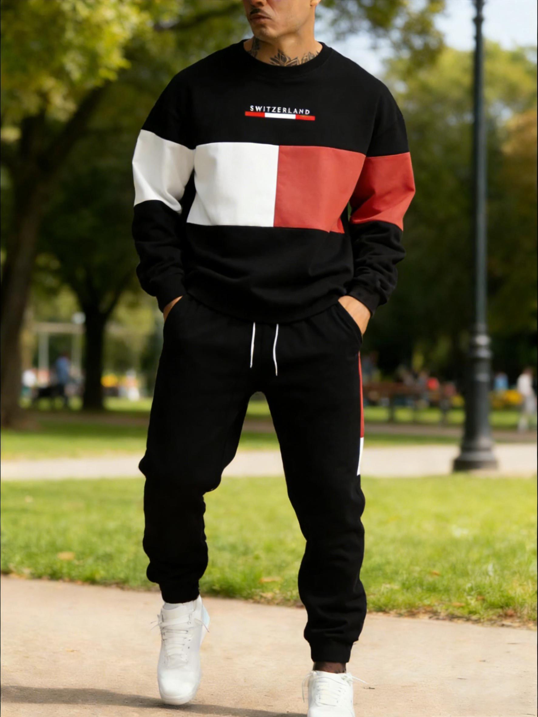 2026 New Men's Casual Fashion Sports Two-Piece Set, Color-Blocked Crewneck Sweatshirt & Side-Stripe Jogger Pants, Suitable for Everyday Wear, Street Style, Home, or Commuting
