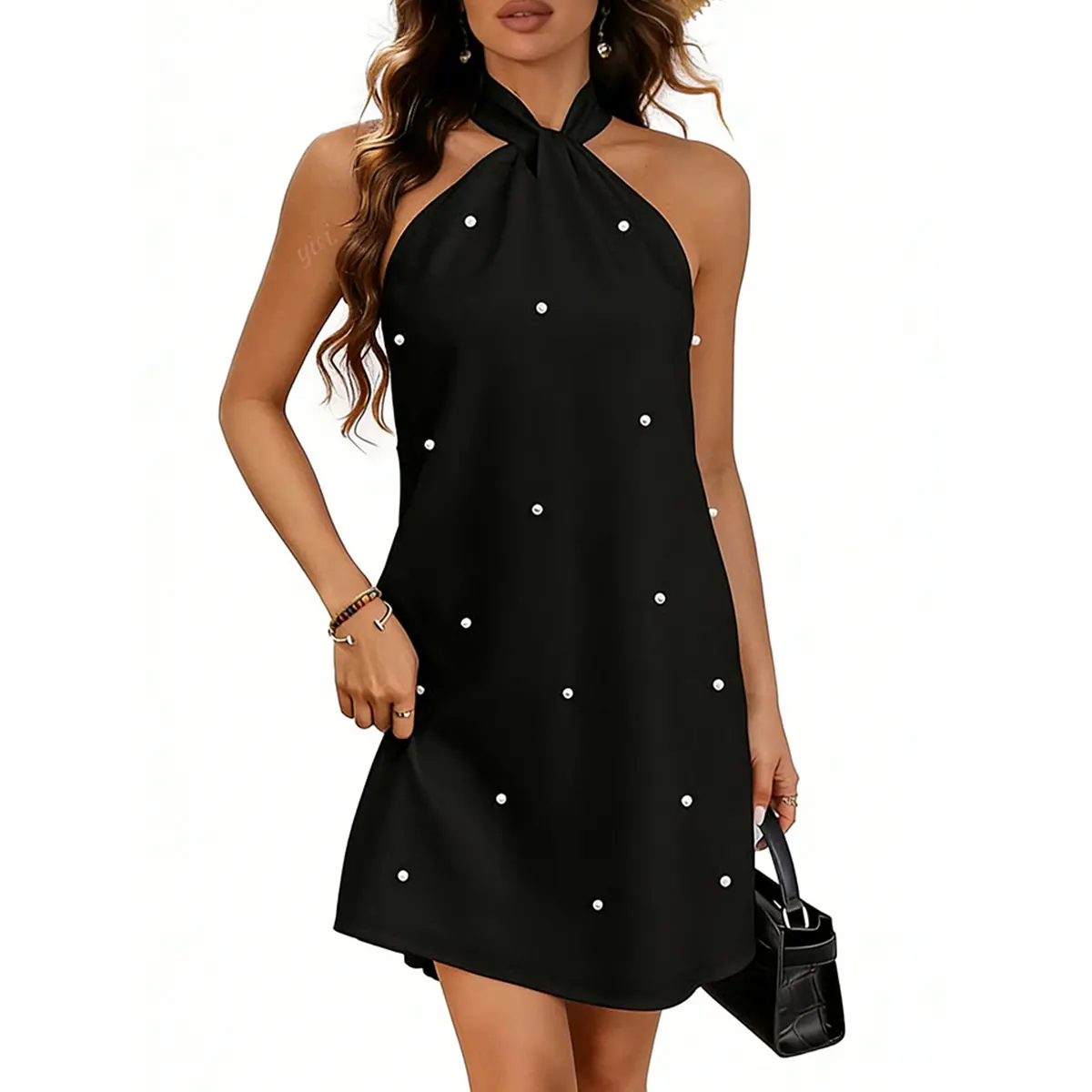 HYZ Women's Pearl Beaded Halter Twist Sleeveless Tie Back Dress A Line Dress