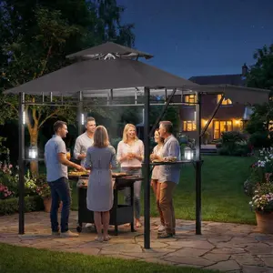 8x5 ft Grill Gazebo, Double Tired Outdoor Patio Canopy Tent with Side Awning Shelves,4 LED Lights,10 Hooks & Bottle Opener,Heavy Duty Steel Frame Grilling Canopy for Patio Backyard Garden Picnic