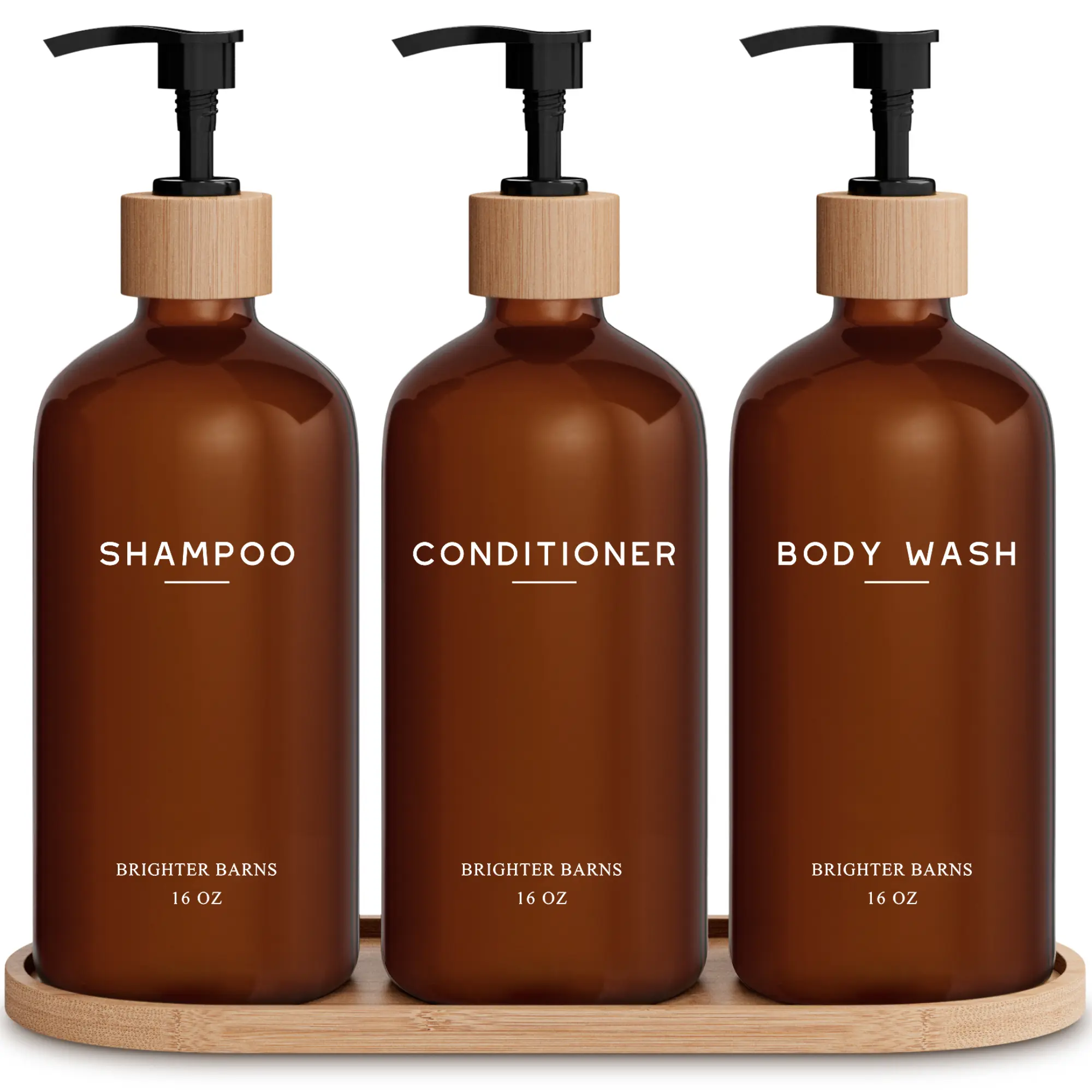 Amber Shampoo and Conditioner Dispenser Set by Brighter Barns - Refillable Plastic Shower Dispenser for Bathroom - Body Wash and Shampoo Bottles with Tray - Boho Decor for Airbnb, Hotel, Gift (Amber)
