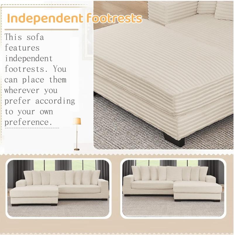 [New Year Special Discount]  Niccae 110" Corduroy Tufted L-Shaped Sleeper Sectional Sofa with LED Base, Adjustable Footrests & 8 Pillows for Small Apartments, Living Rooms & Bedrooms