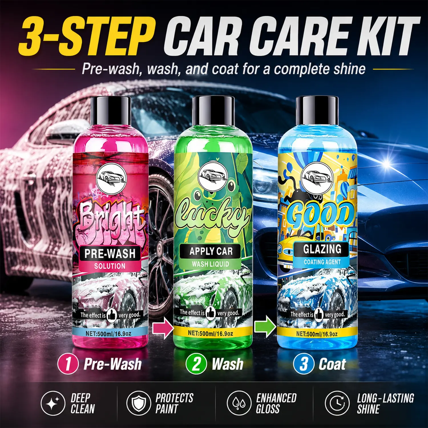 500ml 3-Step Car Cleaning Kits - Concentrated All-Vehicle Exterior Wash Kit with Pre-Wash, Cleanser, Coating for 3-Step Shine, Lifts Road Grime, Showroom Glossy Finish
