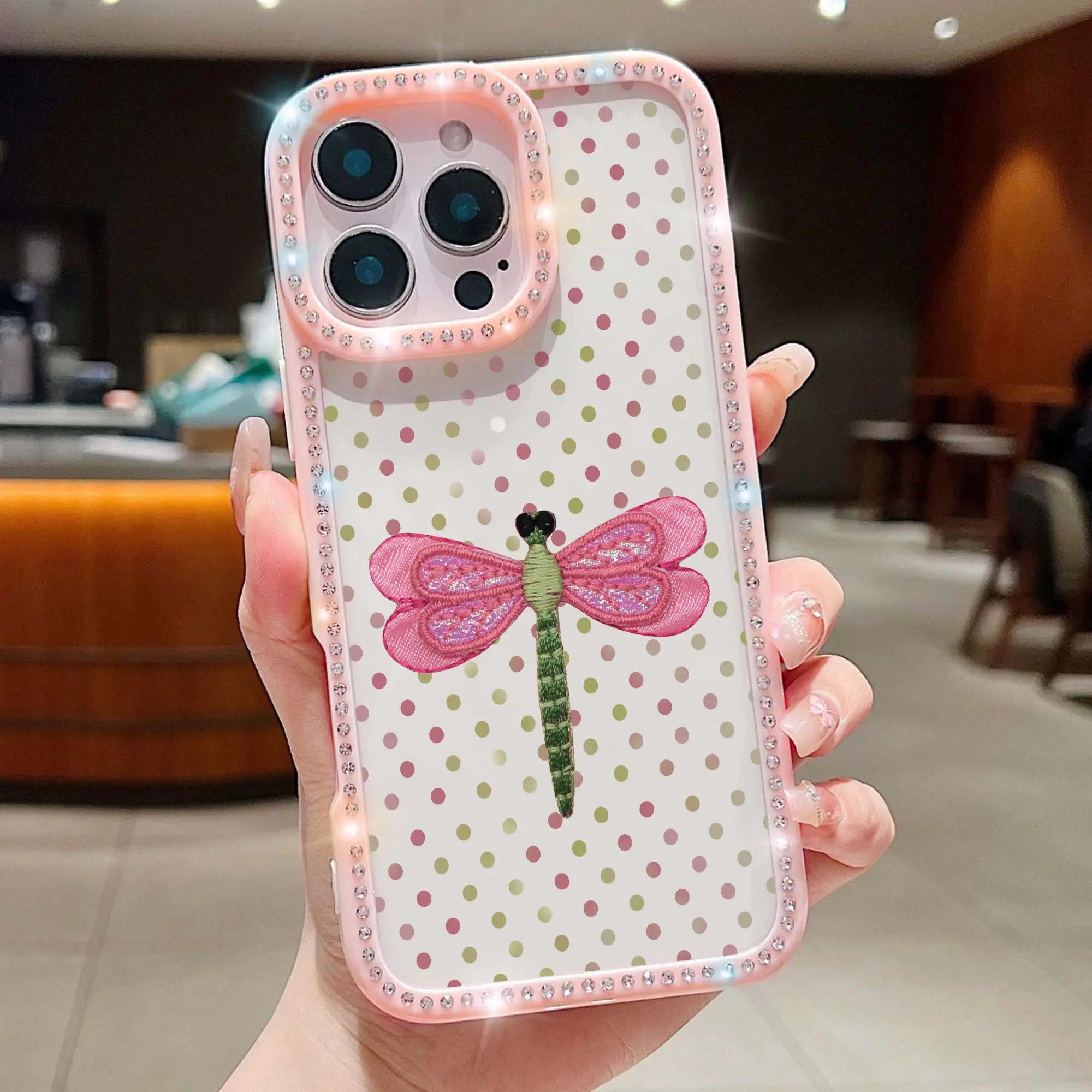 Cute Dragonfly Polka Dot Phone Case for iPhone 11-17,Double-sided Diamonds Design Cover Soft Silicone Frame Protection Personalized Case for Women Girls ZT