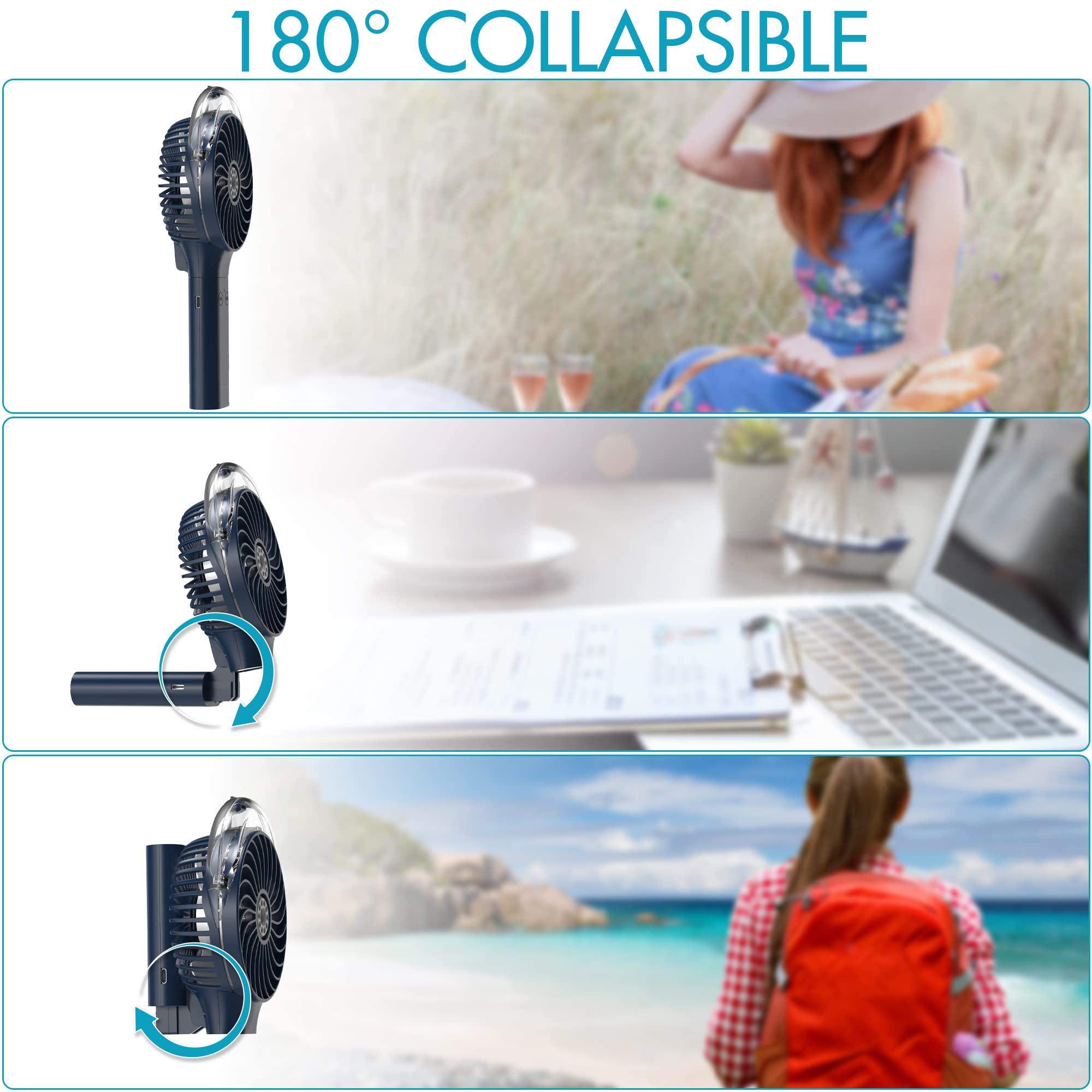 F006 Portable Handheld Misting Fan, 3000mAh Rechargeable Battery Operated Spray Water Mist Fan, Foldable Mini Personal Fan for Travel, Makeup, Home, Office, Camping, Outdoors